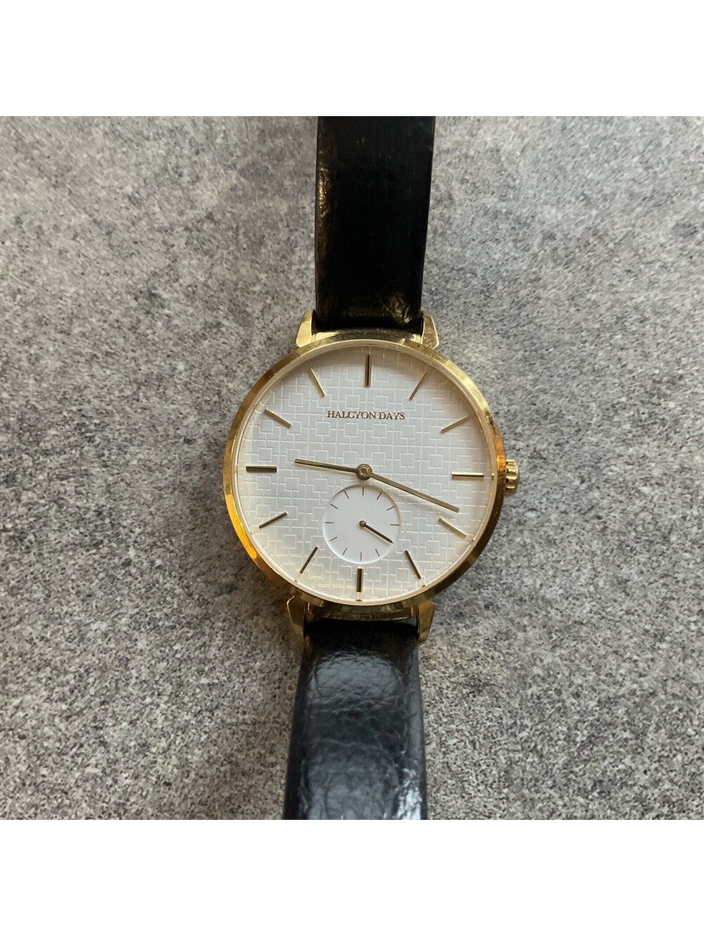 Halcyon Days Womens Watch 36mm Gold Tone And Black Enameled Case Leather Band BA